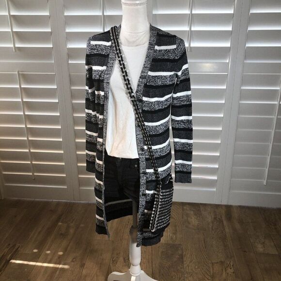Tommy Hilfiger Long Black And White Sweater Cardigan XS Ribbed Stretch Button - Picture 4 of 12